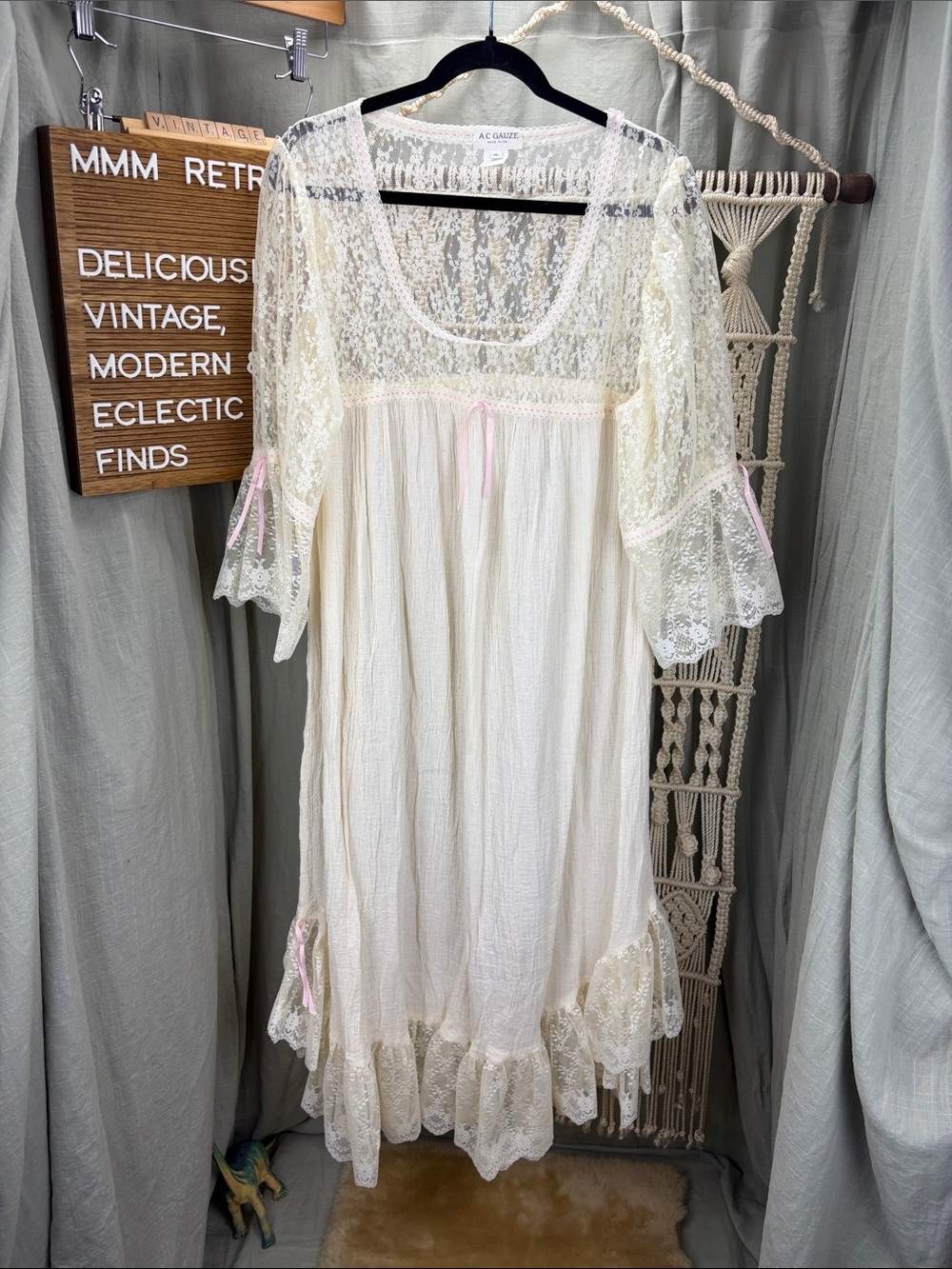 Vintage A.C. Gauze Cotton Cottagecore Victorian Nightdress with Lace Trim | XL
